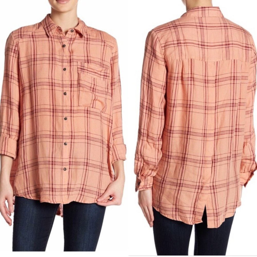 Free People No Limits Plaid Peach Combo Linen Top